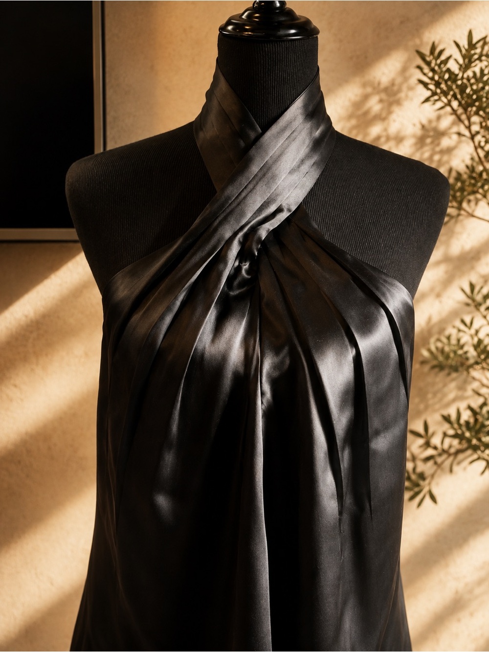 Amanda Uprichard Black Satin Cross-Neck Halter Camisole